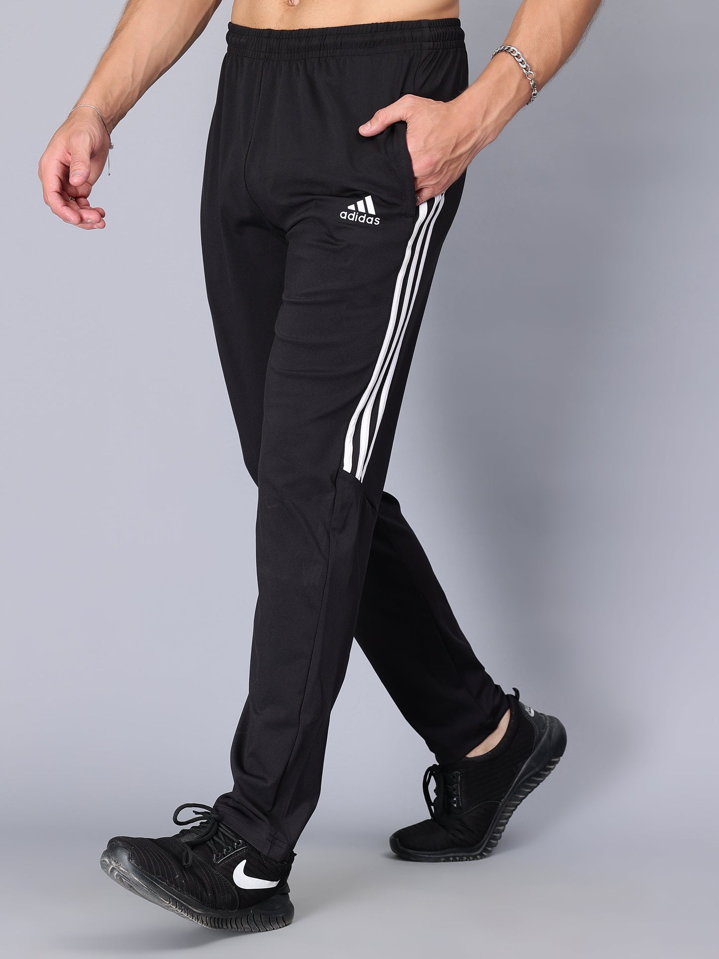 Adidas Solid Casual Men Black half three white stripes Track Pants