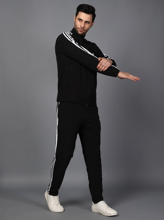 Adidas Full Striped Men Black Tracksuit
