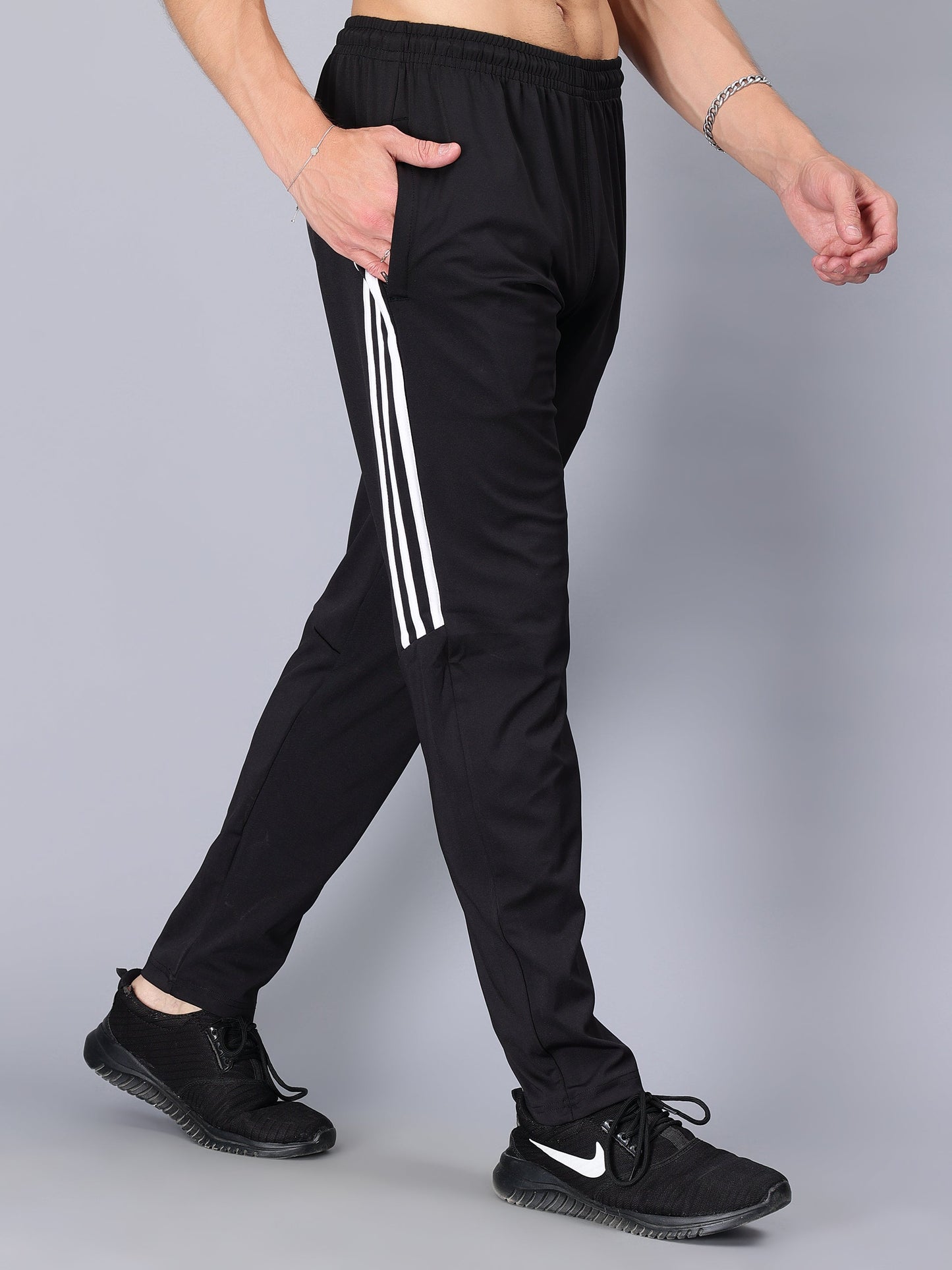 Adidas Solid Casual Men Black half three white stripes Track Pants