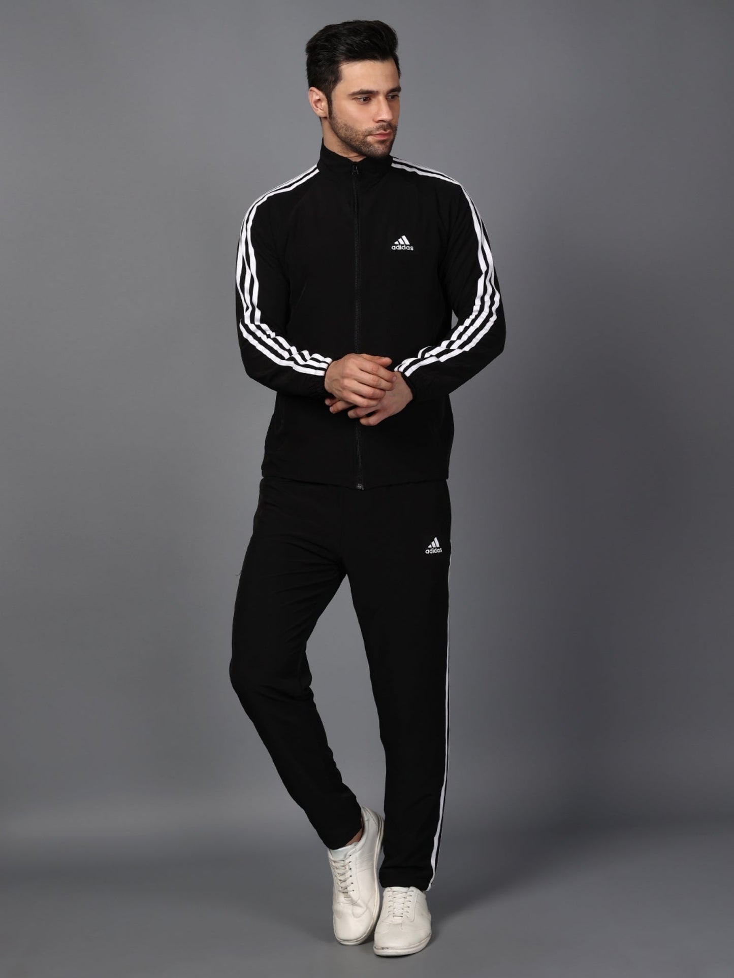 Adidas Full Striped Men Black Tracksuit